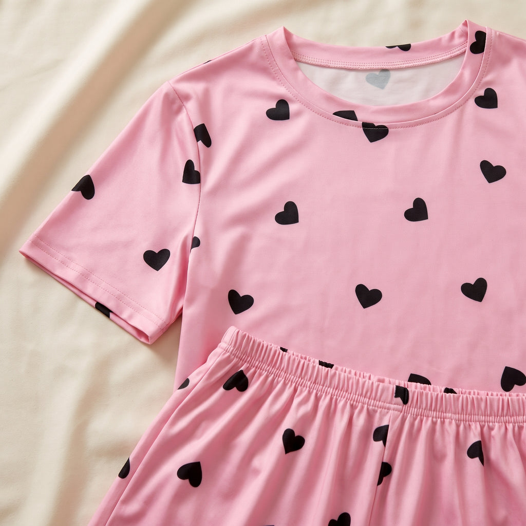 Détail du col rond et de la taille élastiquée du pyjama rose à cœurs noirs