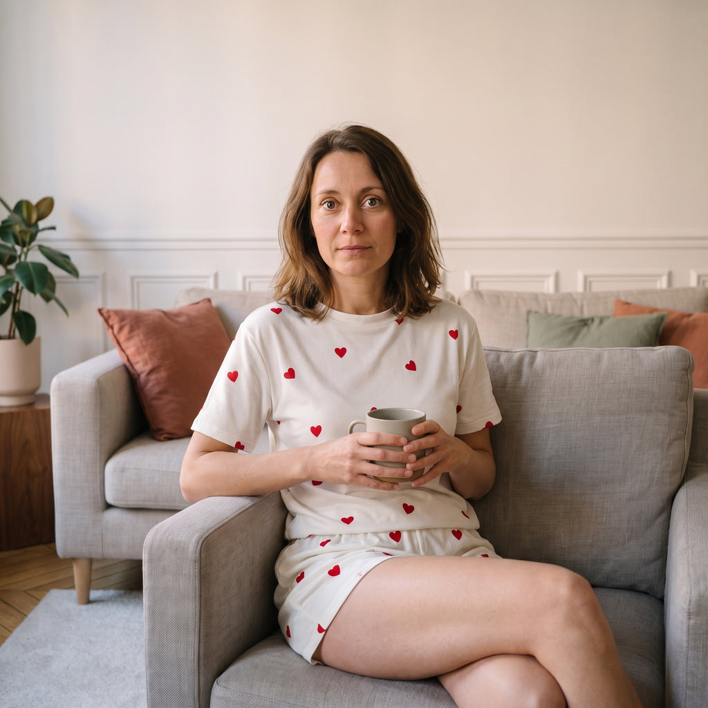 Pyjama d'été blanc à cœurs rouges porté dans un coin lecture
