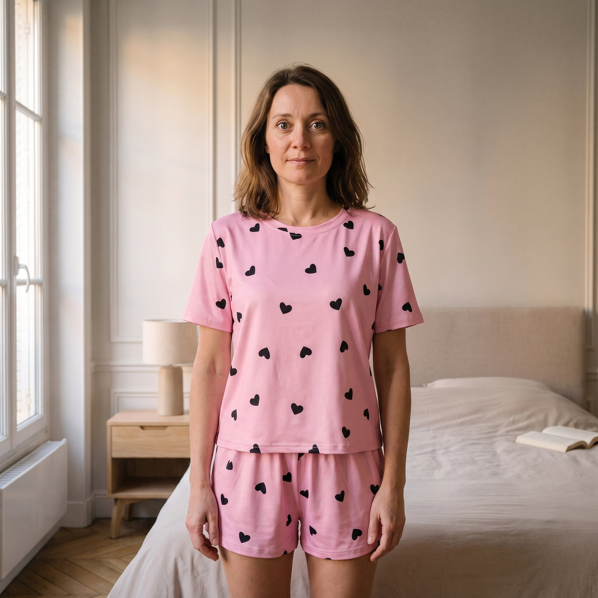 Pyjama d'été rose à cœurs noirs porté, visage entièrement visible