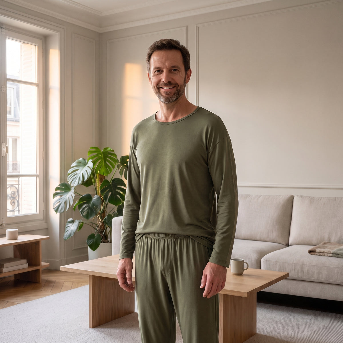 Homme en pyjama mi-saison vert dans son salon Image
