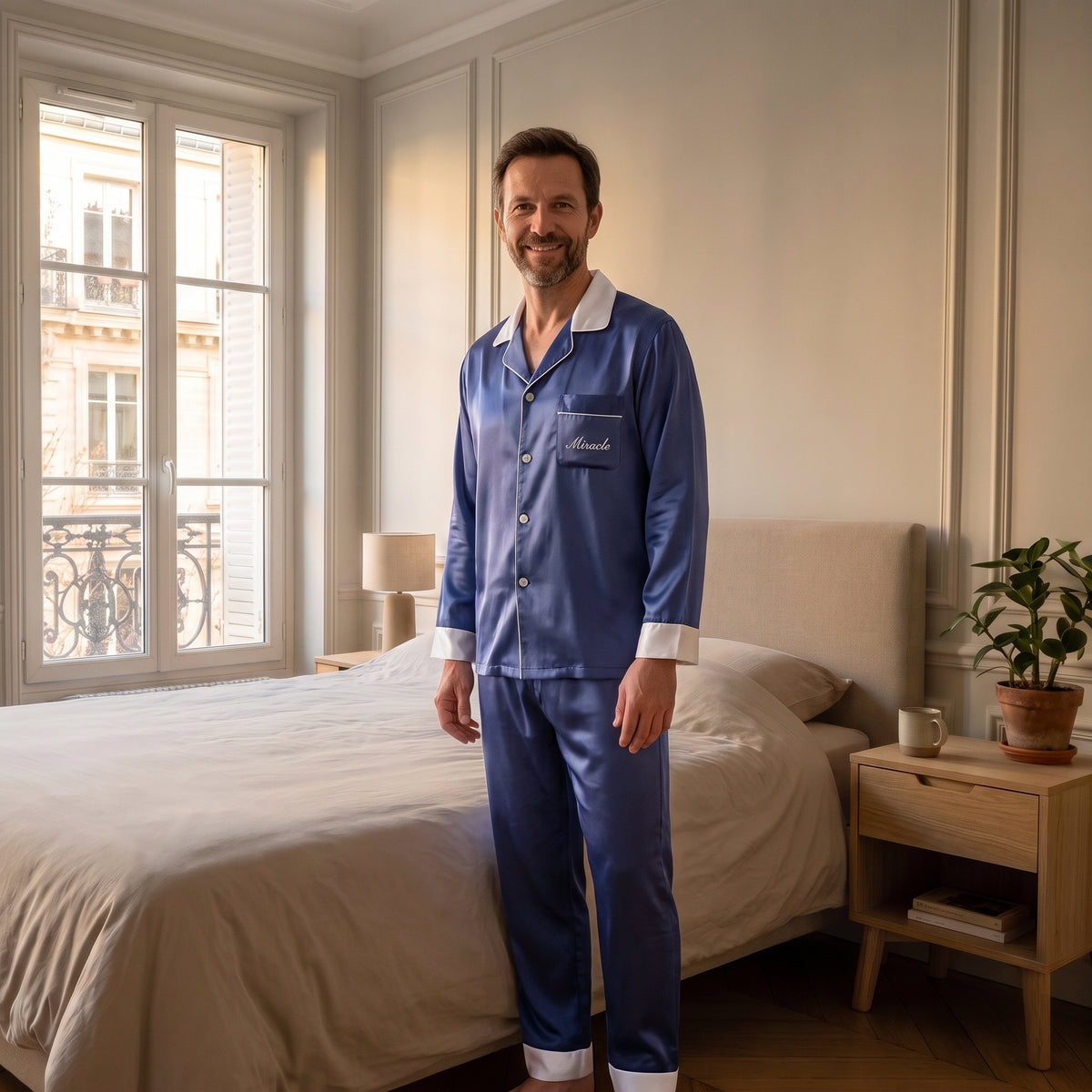 Pyjama homme Miracle bleu porté debout dans une chambre Image