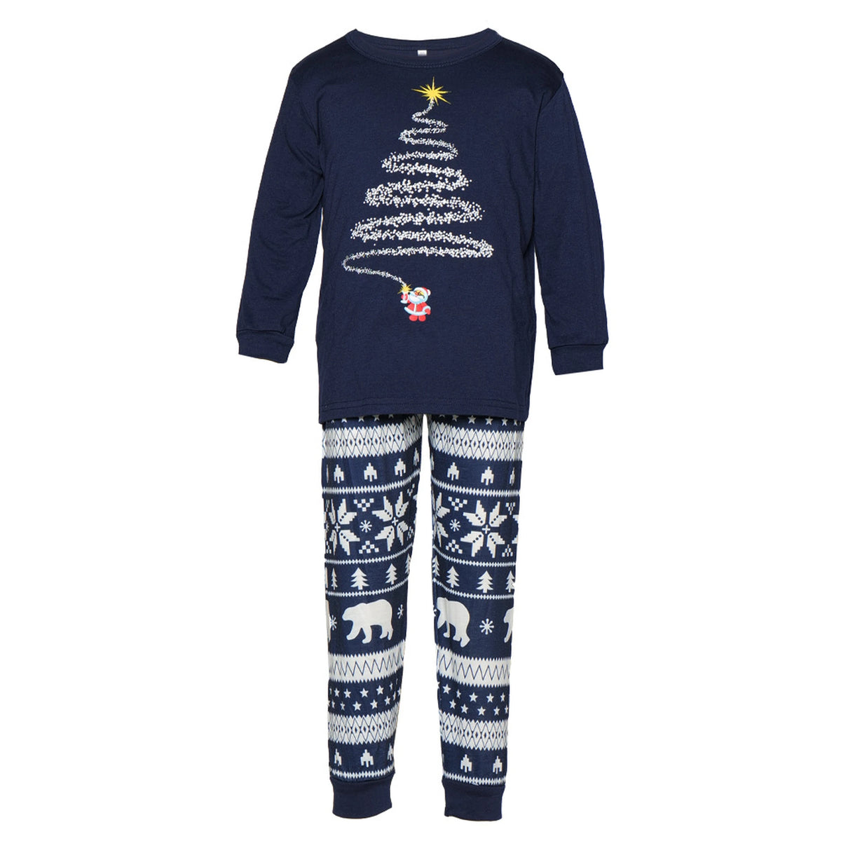 Packshot du pyjama de Noël enfant bleu marine à motif sapin