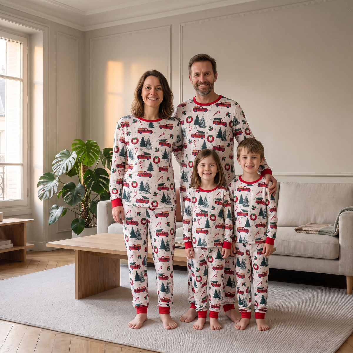 Famille réunie en pyjamas de Noël sapins et voitures, tenues entières Image