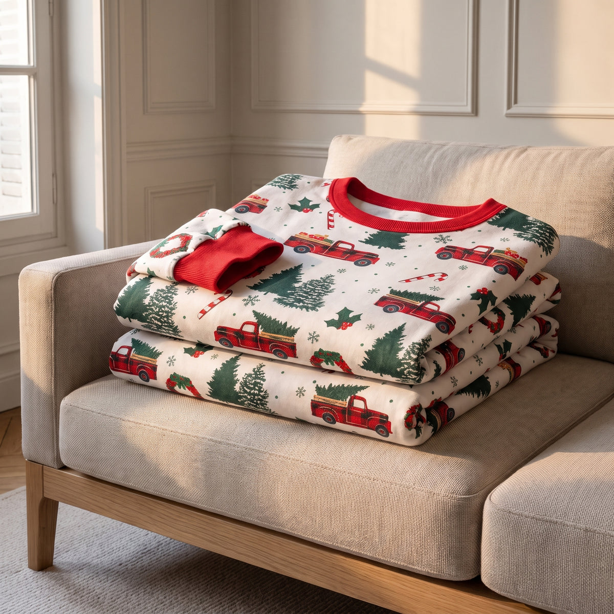 Détail du motif voitures rouges et sapins verts du pyjama familial Image