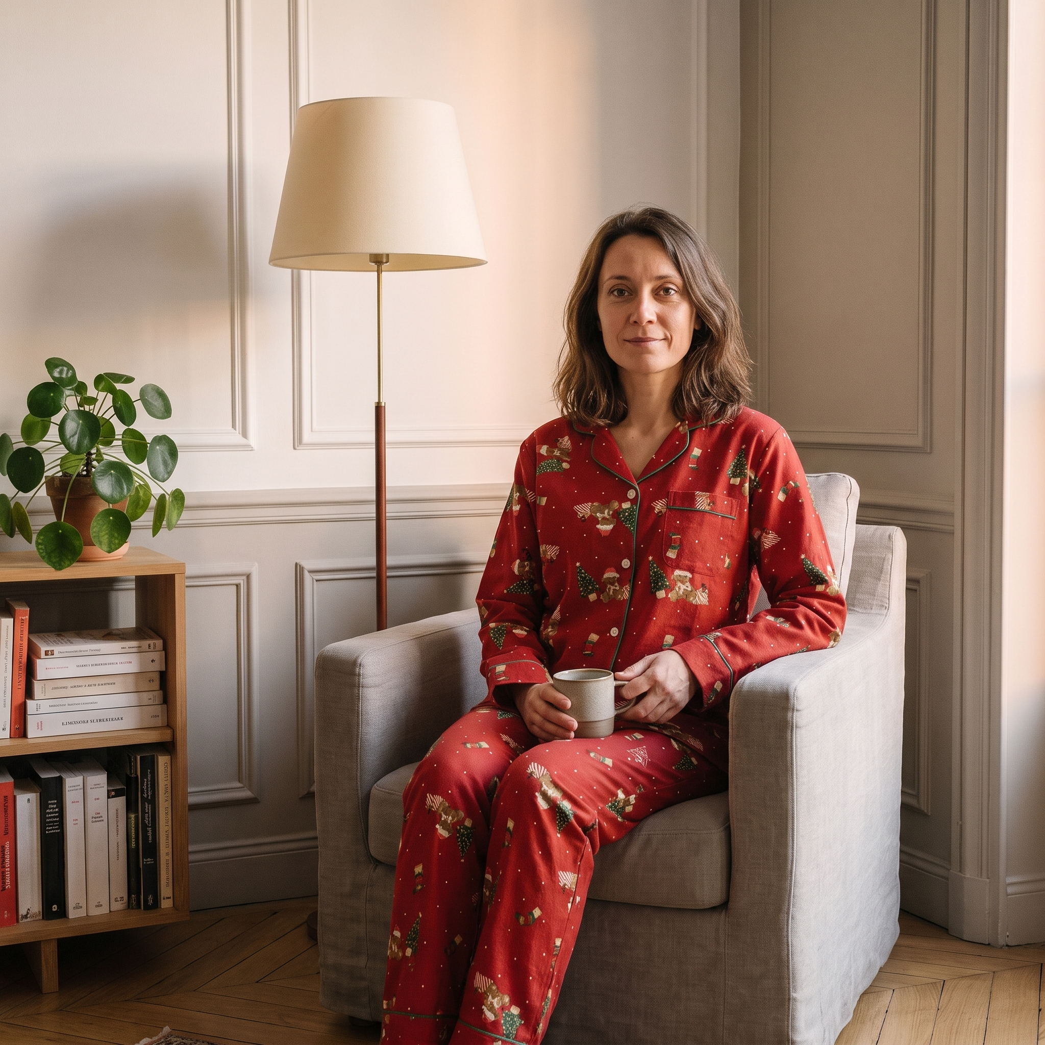 Pyjama de Noël femme rouge porté dans le salon Image