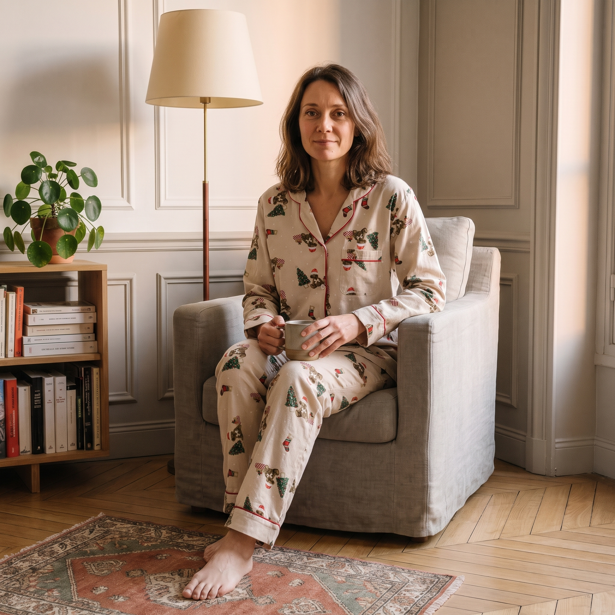 Pyjama de Noël femme écru porté dans une chambre lumineuse Image