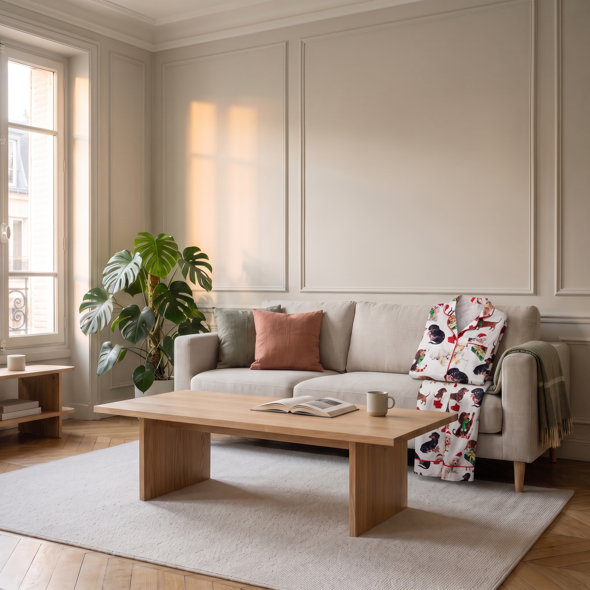 Pyjama de Noël femme à chiens posé dans une chambre décorée Image