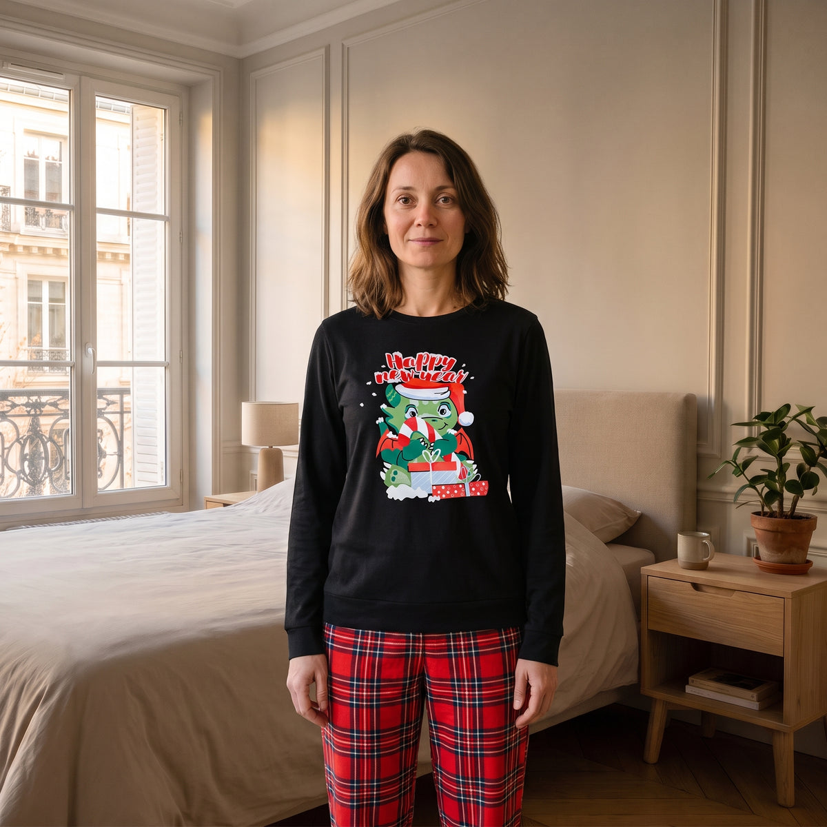 Pyjama de Noël femme au dragon festif porté dans une chambre