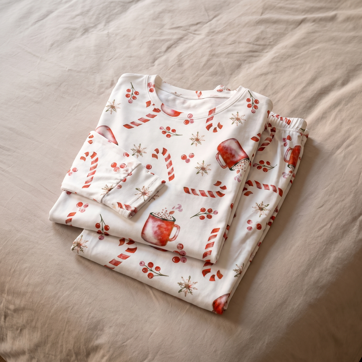Haut et pantalon du pyjama de Noël femme à motif tasses pliés sur un lit fait Image