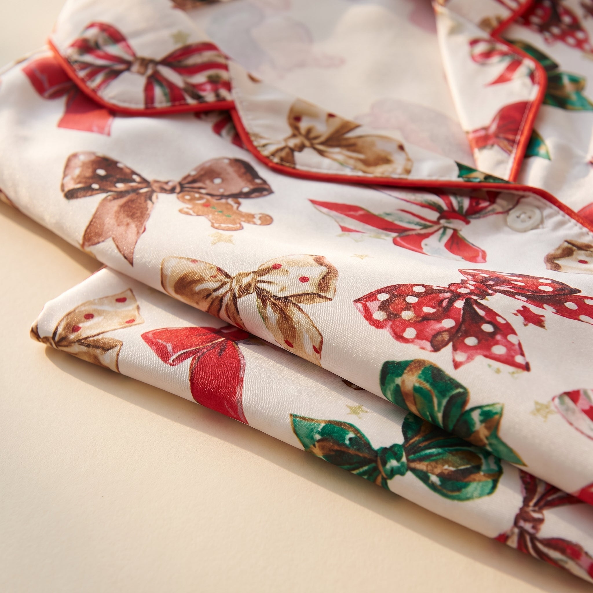 Gros plan sur le tissu du pyjama de Noël à nœuds et cannes en sucre Image