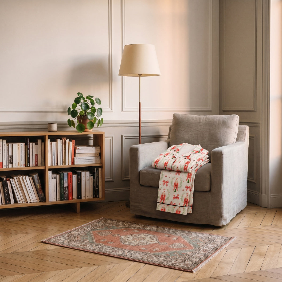 Pyjama écru à casse-noisettes plié sur un fauteuil Image