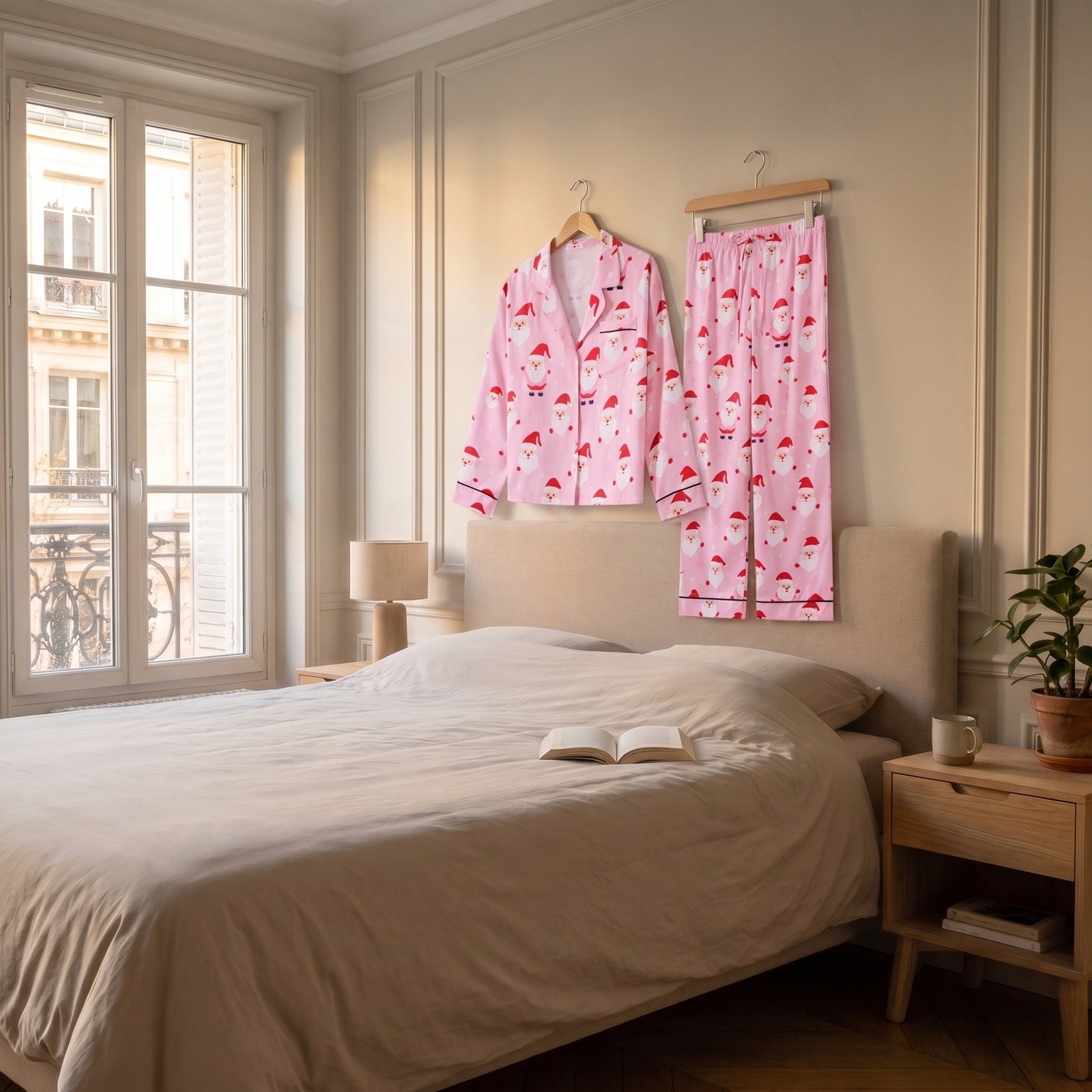 Chemise et pantalon rose pastel suspendus dans une chambre Image