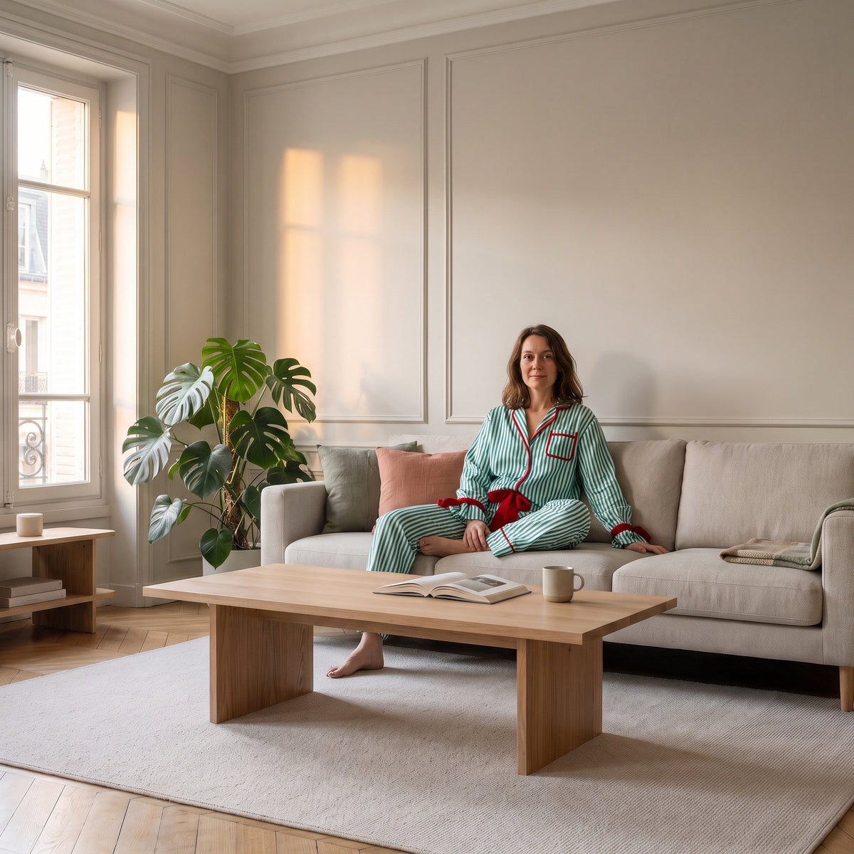 Pyjama de Noël femme vert d’eau rayé porté au salon