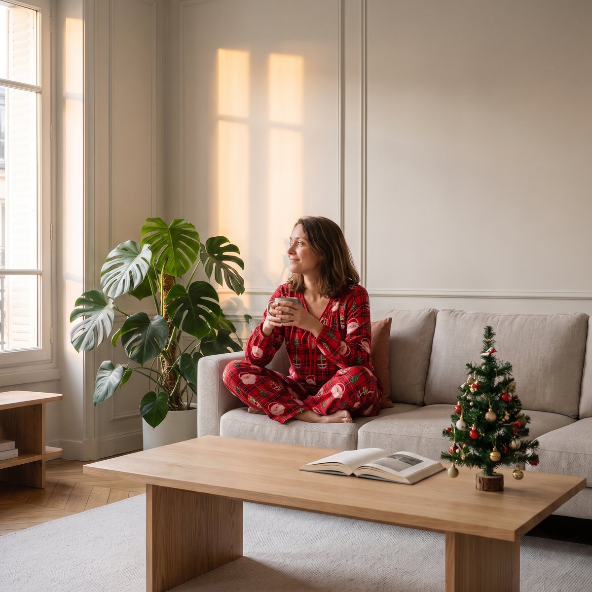 Pyjama de Noël femme rouge à carreaux et Père Noël porté, assise dans le canapé du salon Image