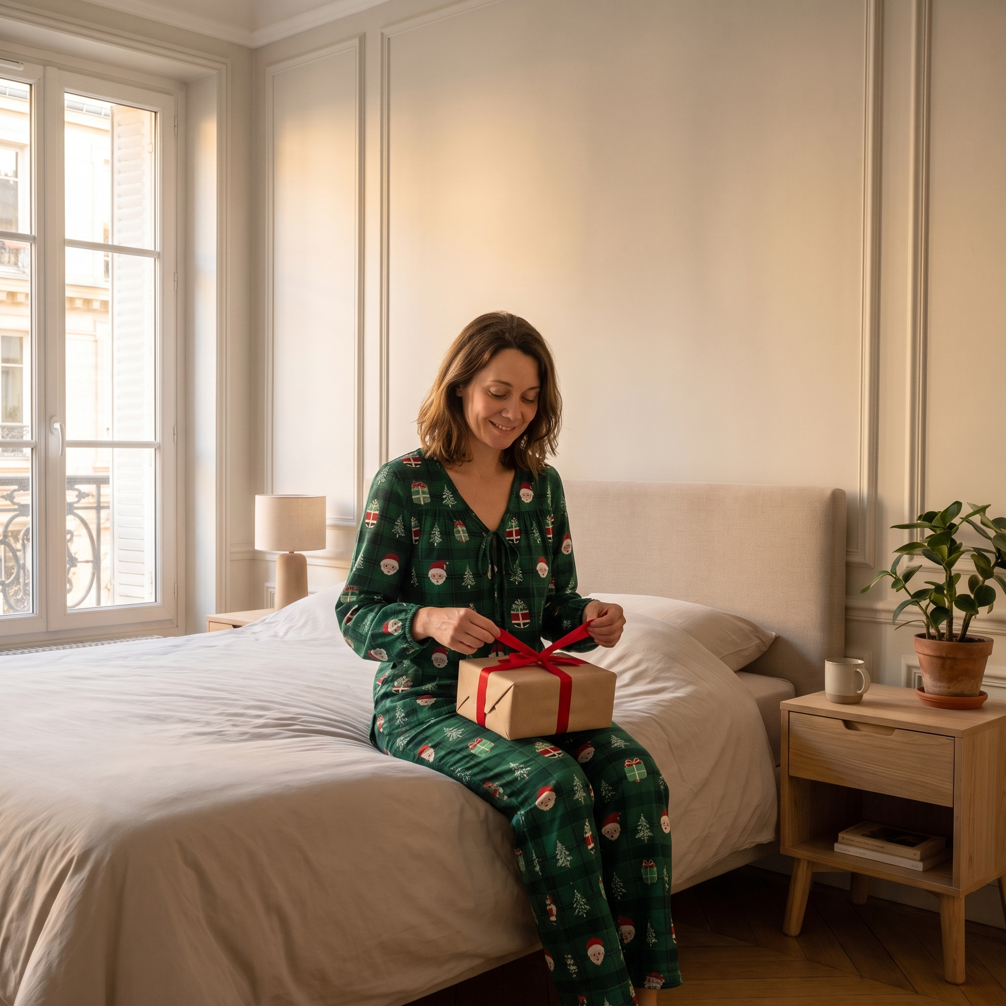 Pyjama de Noël femme vert à sapins et Père Noël porté, assise sur le lit près des paquets cadeaux Image