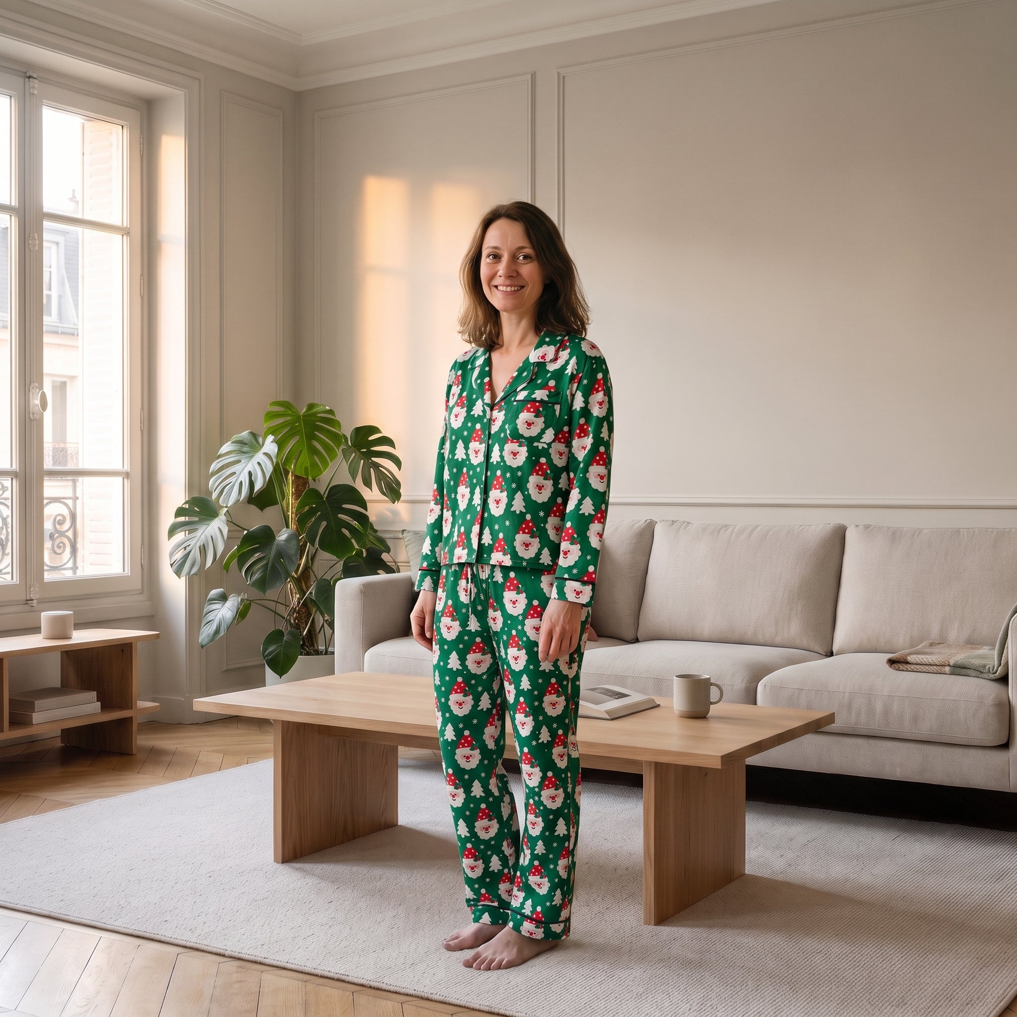 Pyjama de Noël femme vert à Pères Noël porté dans un salon Image
