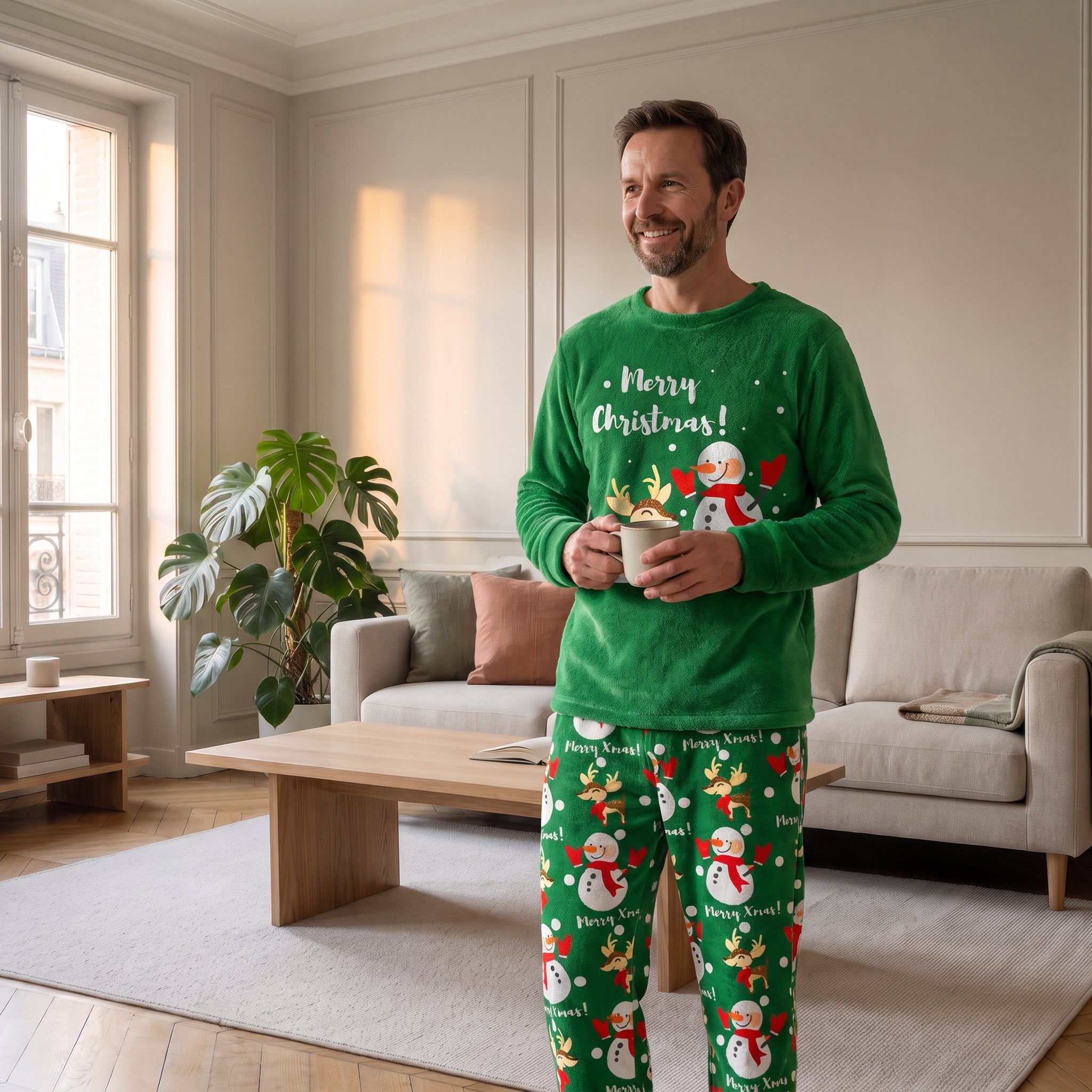 Pyjama de Noël homme vert porté debout dans le salon, une tasse à la main Image