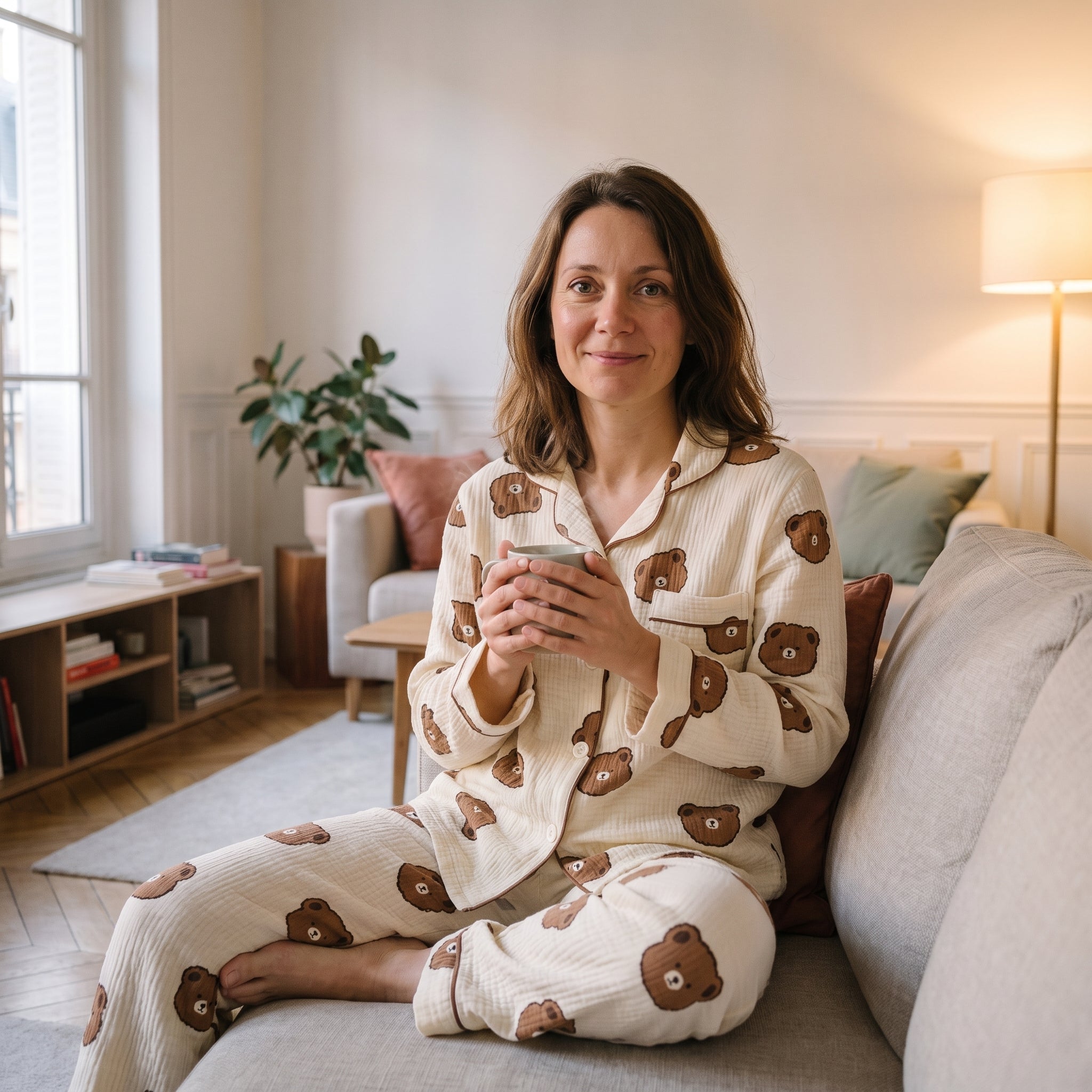 Femme en pyjama nounours écru assise dans le canapé du salon, une tasse entre les mains, lampe allumée. Image