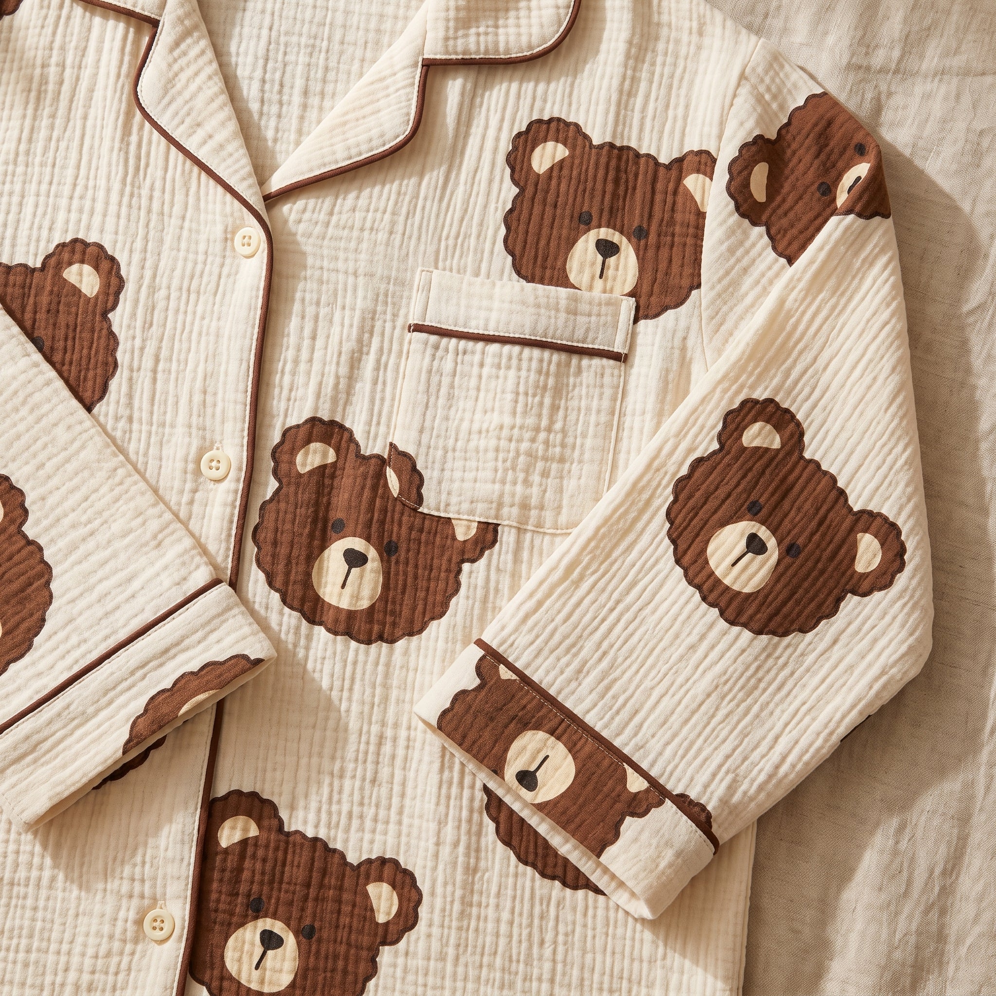 Chemise du pyjama nounours écru étalée sur un lit, têtes d'ourson brunes vues de près. Image