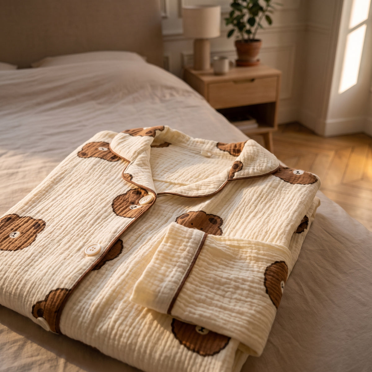 Pyjama nounours écru plié sur un lit fait, col à passepoil brun et relief du coton froissé.