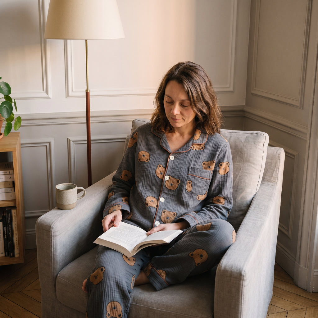 Femme en pyjama nounours gris ardoise assise dans un fauteuil de lecture, un livre ouvert sur les genoux.
