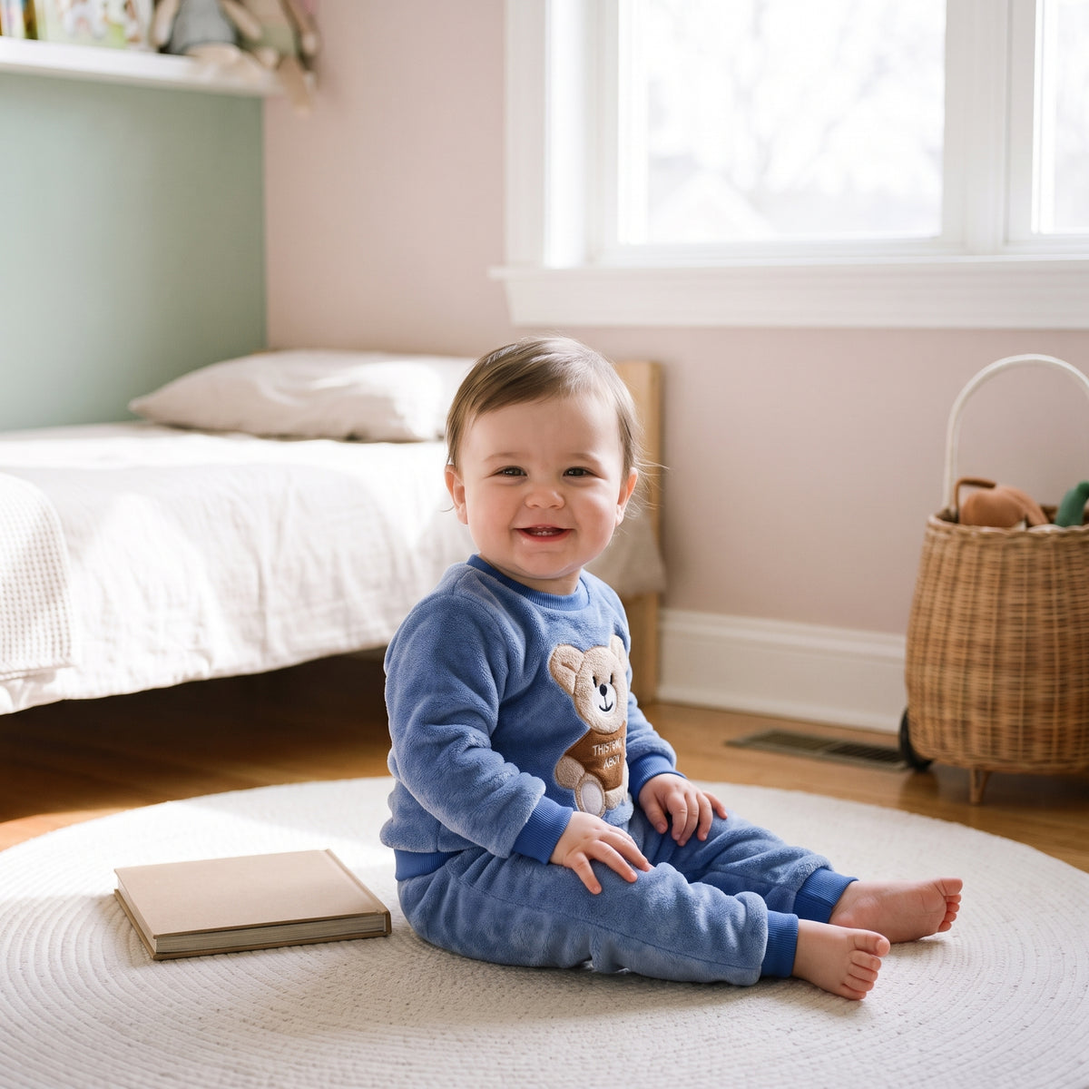 Bébé du casting en pyjama bleu avec ourson assis dans sa chambre