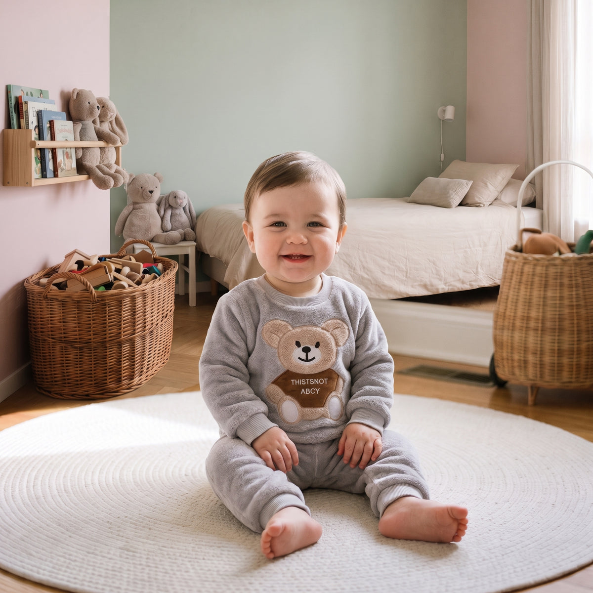 Bébé du casting portant le pyjama gris avec ourson dans sa chambre