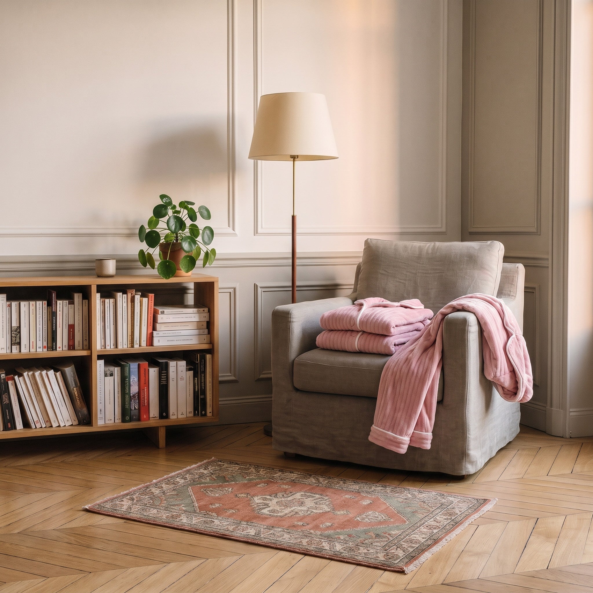 Pyjama en peluche rose plié sur le fauteuil du coin lecture Image