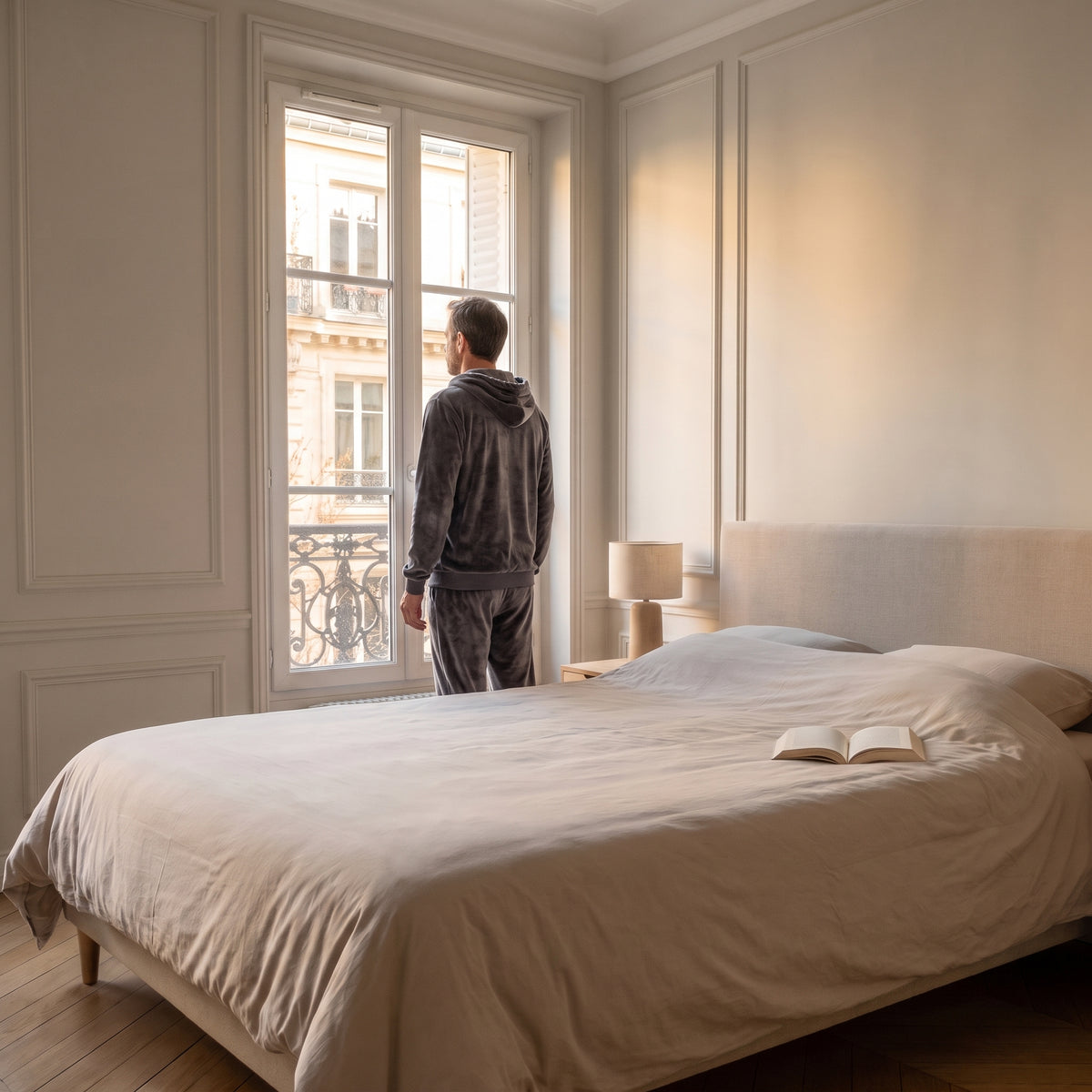 Pyjama polaire gris à capuche vu de dos, porté par un homme debout près de la fenêtre de la chambre Image