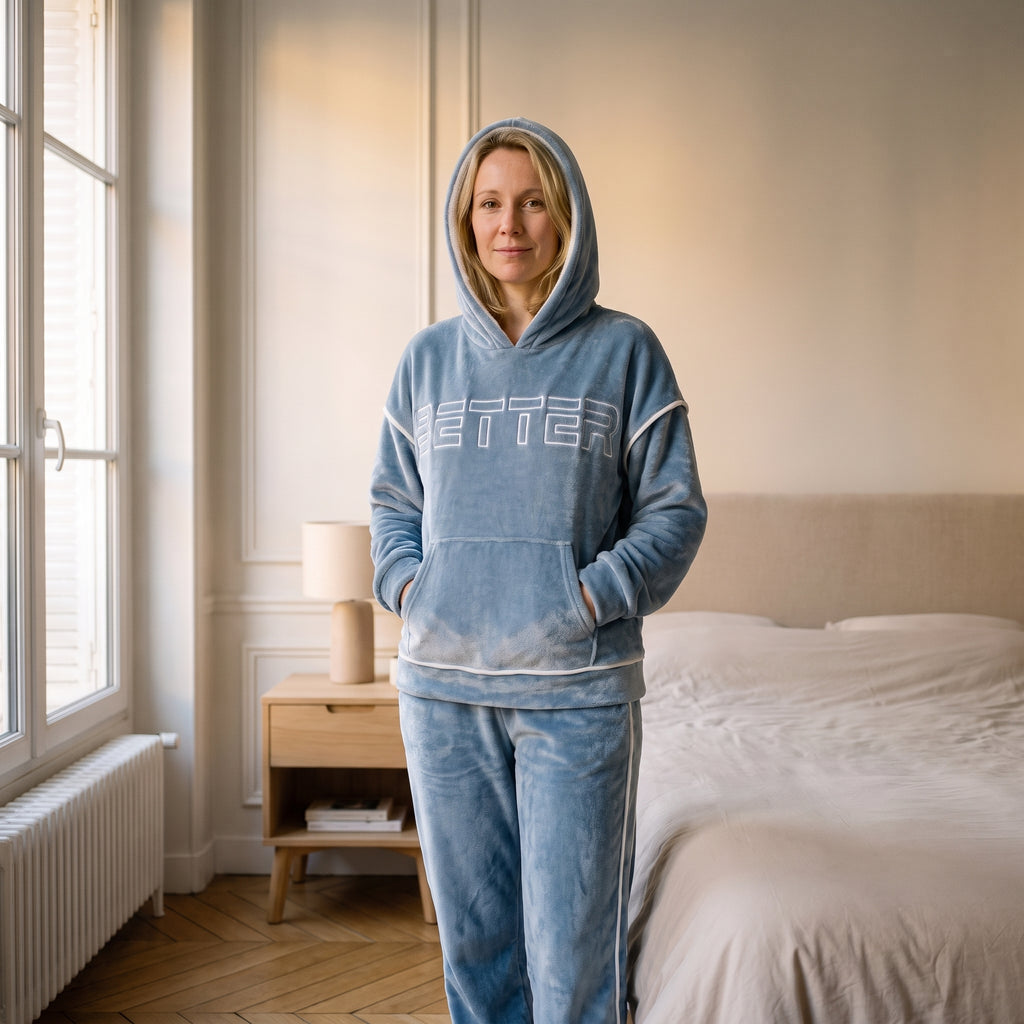 Femme en pyjama polaire bleu à capuche et liseré blanc, capuche relevée, les mains dans la poche ventrale