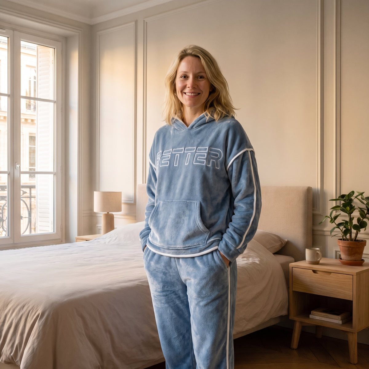 Femme debout en pyjama polaire bleu deux pièces, les mains dans la poche ventrale, liseré blanc sur les épaules et le long des jambes