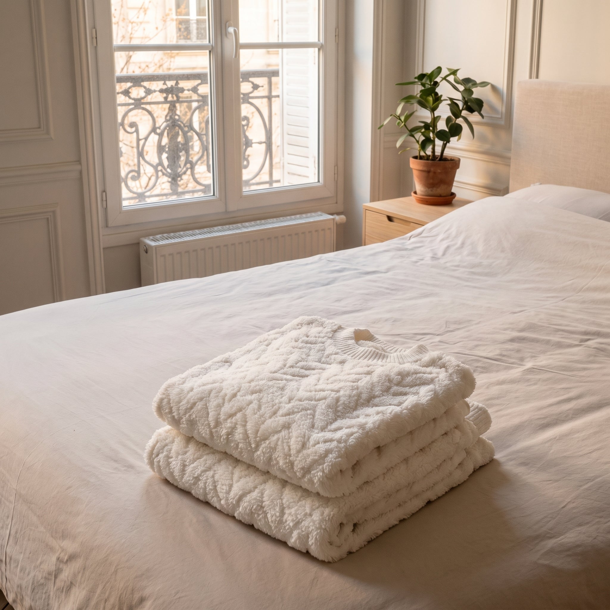 Le haut et le pantalon du pyjama polaire blanc pliés sur un lit Image