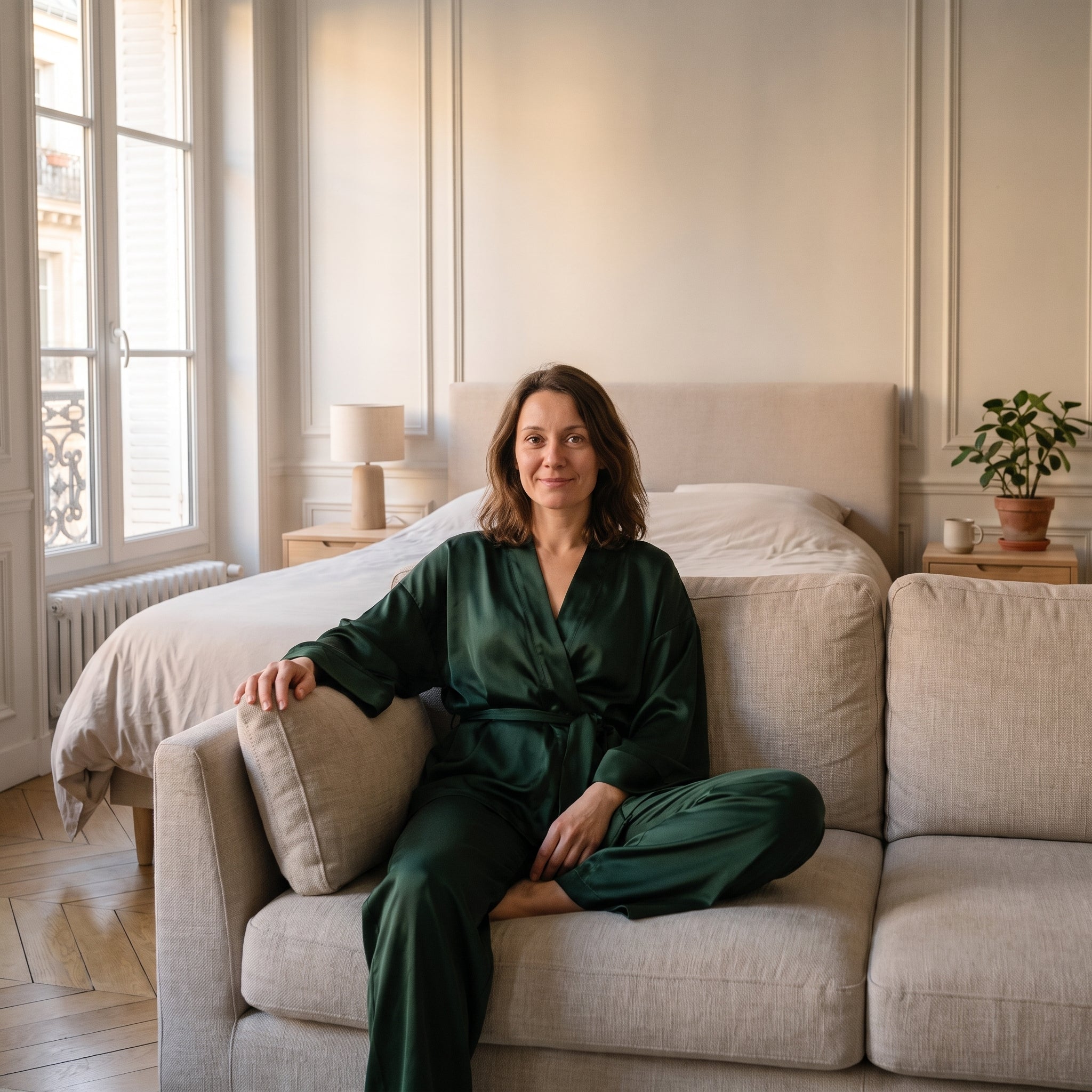 Femme du casting portant le pyjama satin vert foncé assise dans la chambre Image