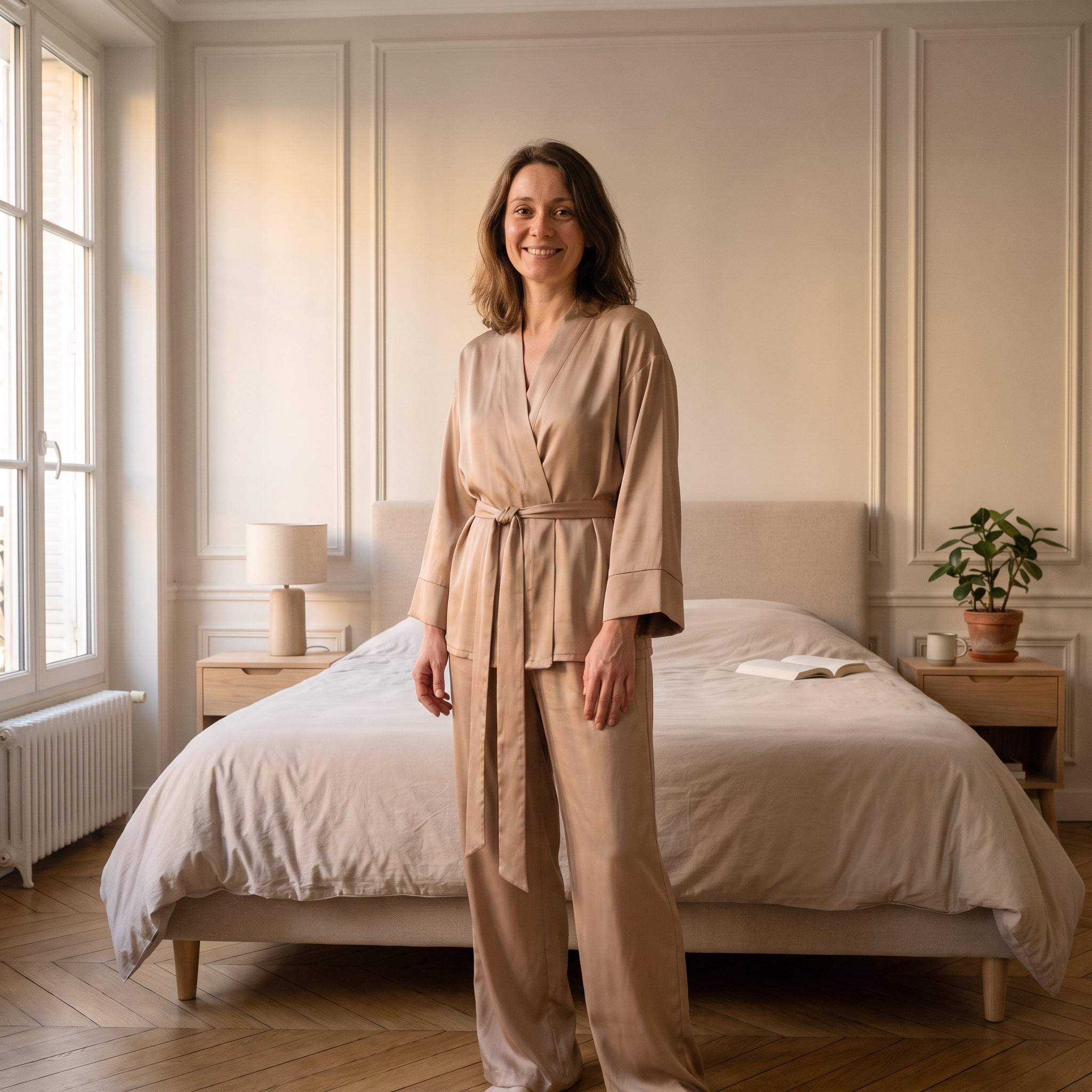 Femme du casting portant le pyjama satin champagne à pantalon ample dans la chambre Image