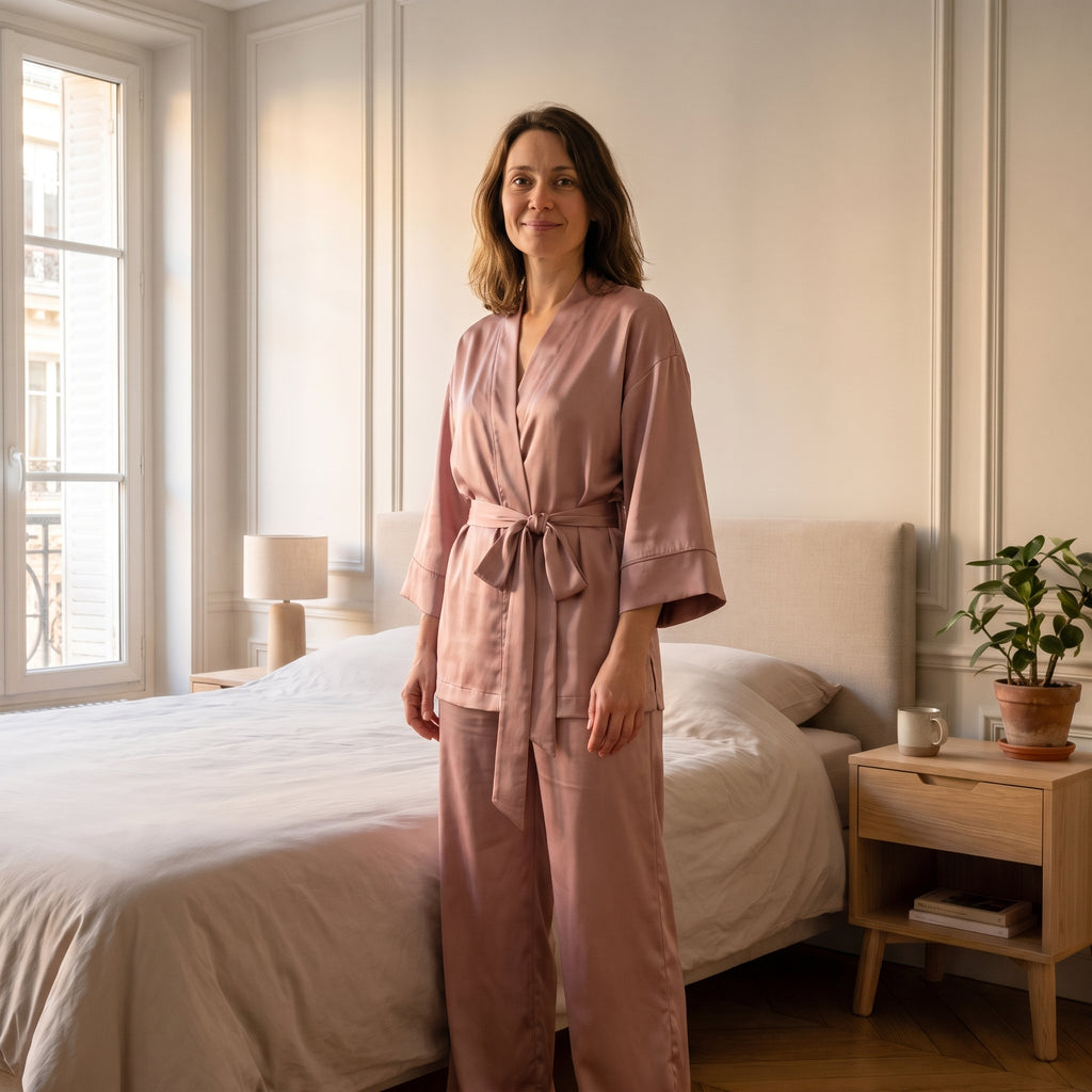 Femme du casting portant le pyjama satin rose clair à manches trois-quarts évasées dans la chambre