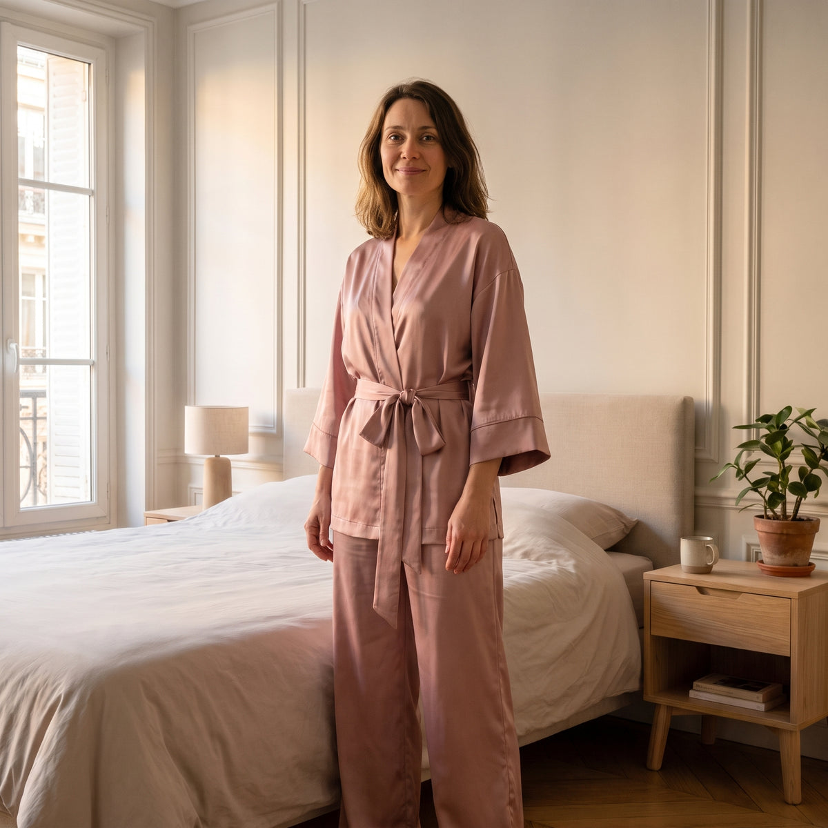 Femme du casting portant le pyjama satin rose clair à manches trois-quarts évasées dans la chambre