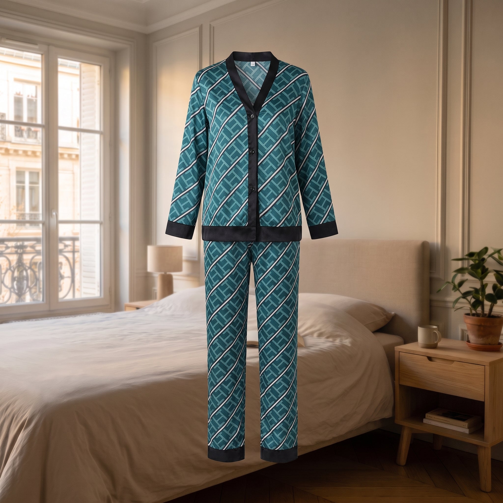 Chemise et pantalon du pyjama en satin bleu canard présentés sans mannequin Image