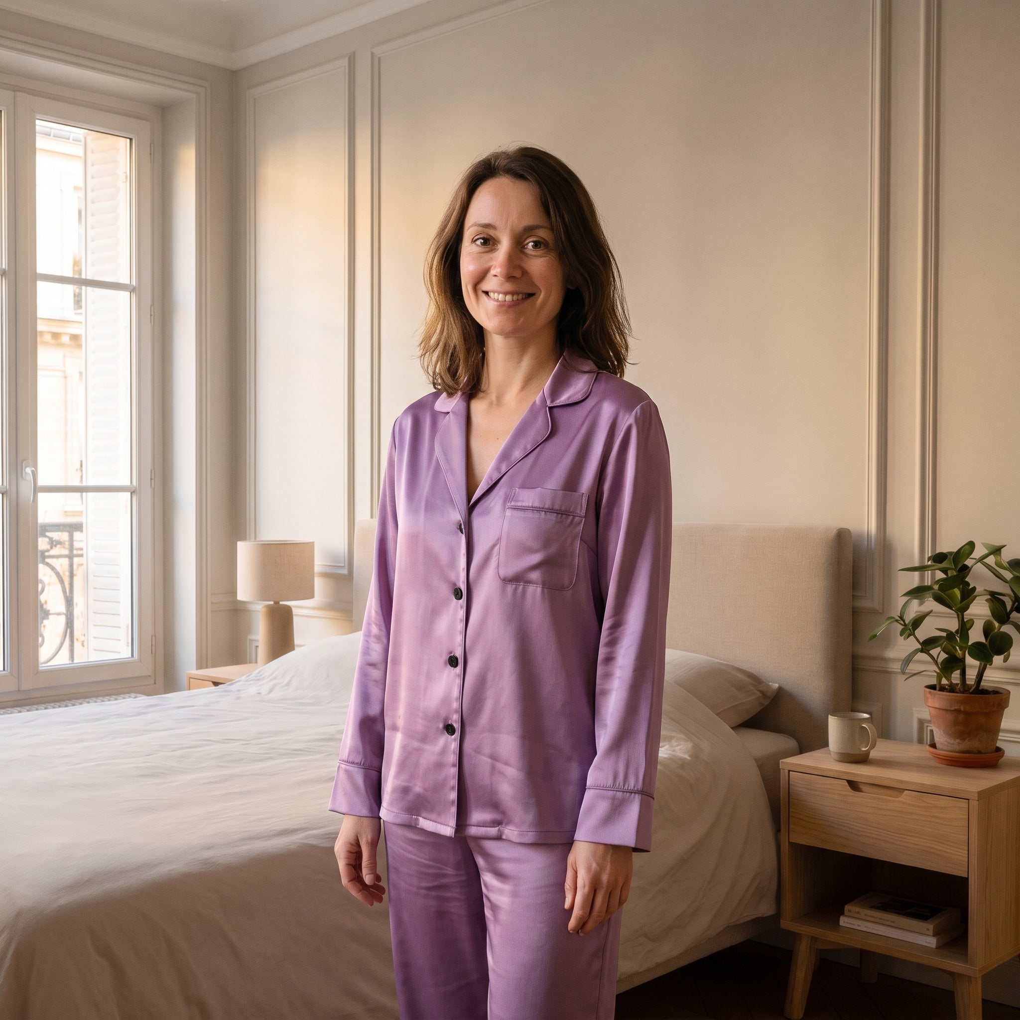 Femme portant le pyjama satiné violet au réveil dans une chambre claire Image