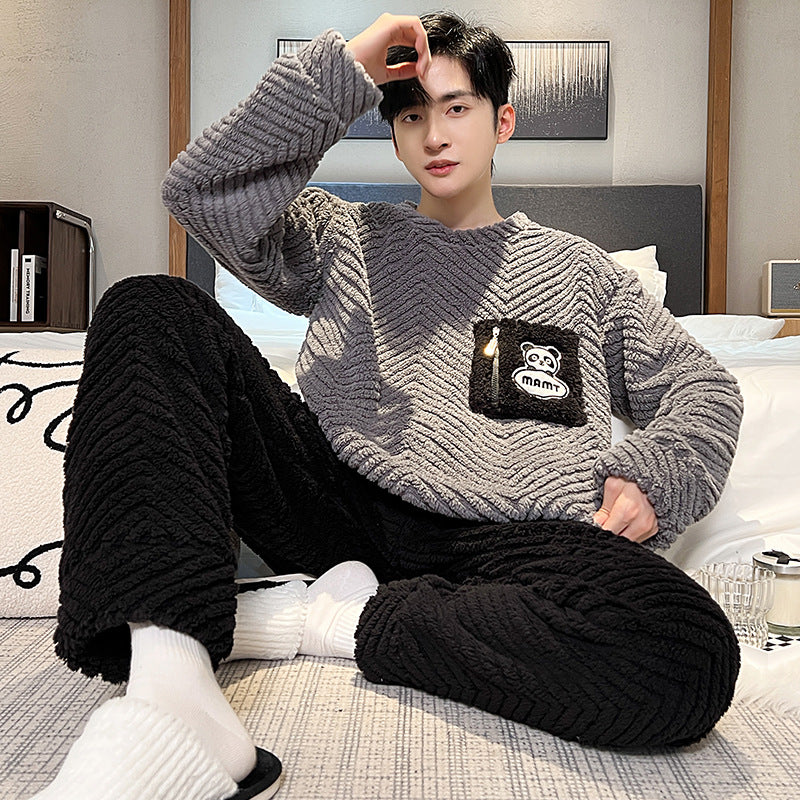 Pyjama polaire homme deux pièces, Gris, pantalon noir, poche brodée