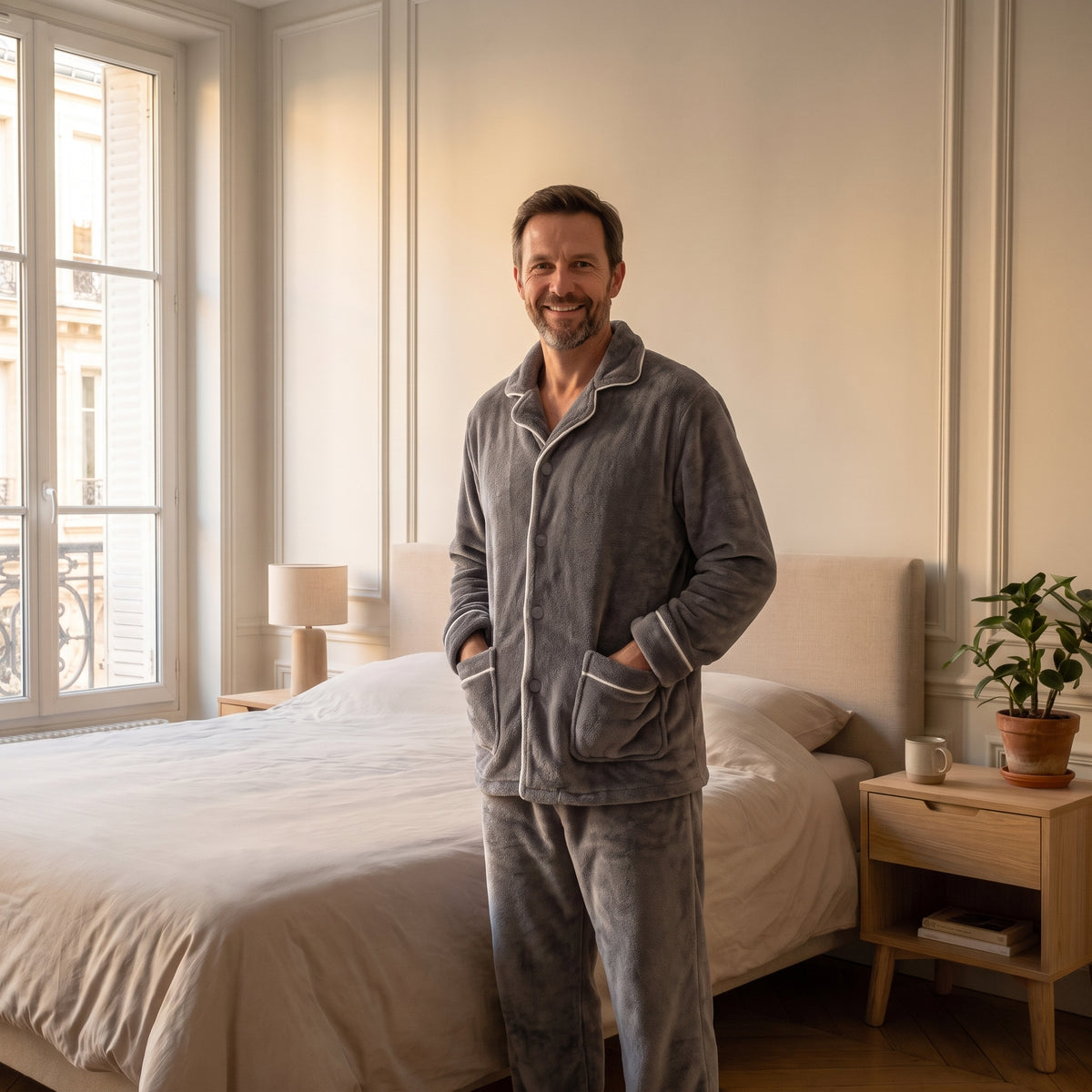 Pyjama homme gris clair porté dans une chambre lumineuse, haut et pantalon en polaire Image