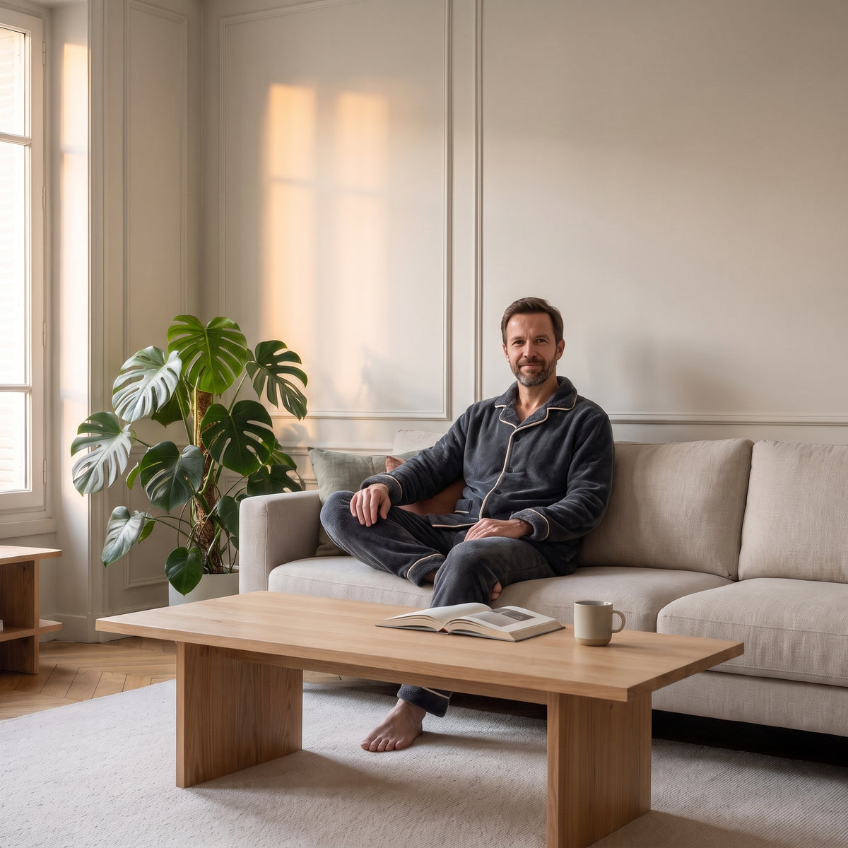Pyjama homme gris porté en soirée, assis sur le canapé du salon