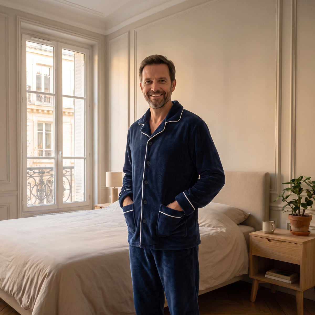 Pyjama homme bleu marine porté dans une chambre lumineuse, haut et pantalon en polaire