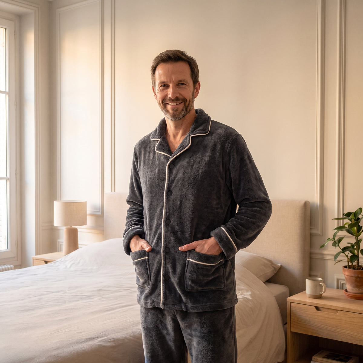 Pyjama homme gris porté dans une chambre lumineuse, haut et pantalon en polaire