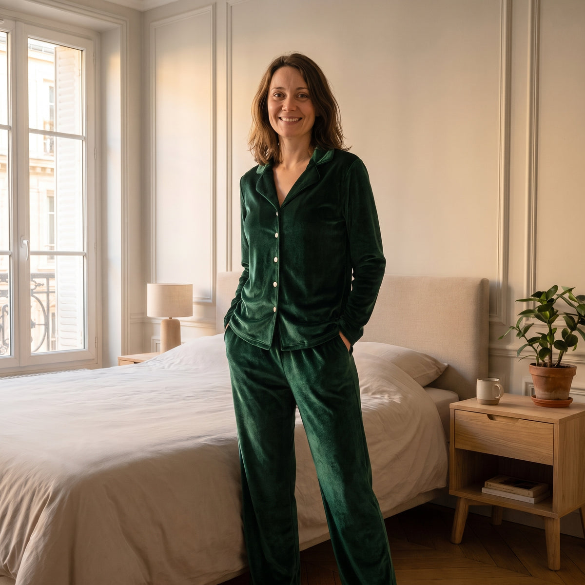 Pyjama en velours vert sapin porté debout, la coupe large du pantalon Image