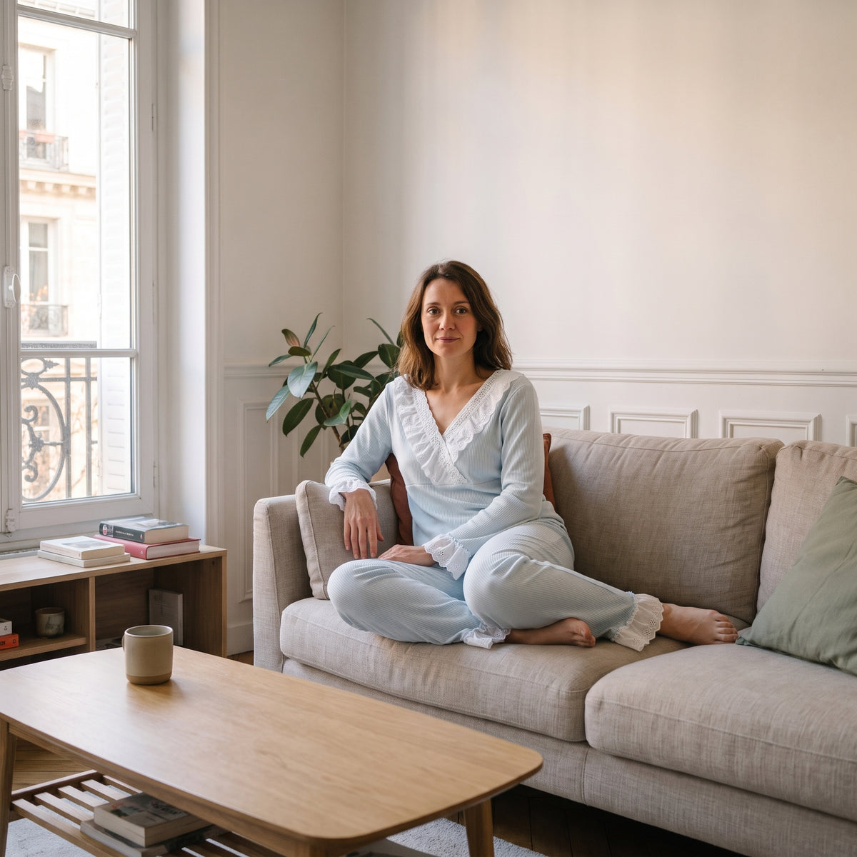 Femme assise portant le pyjama bleu ciel à volants