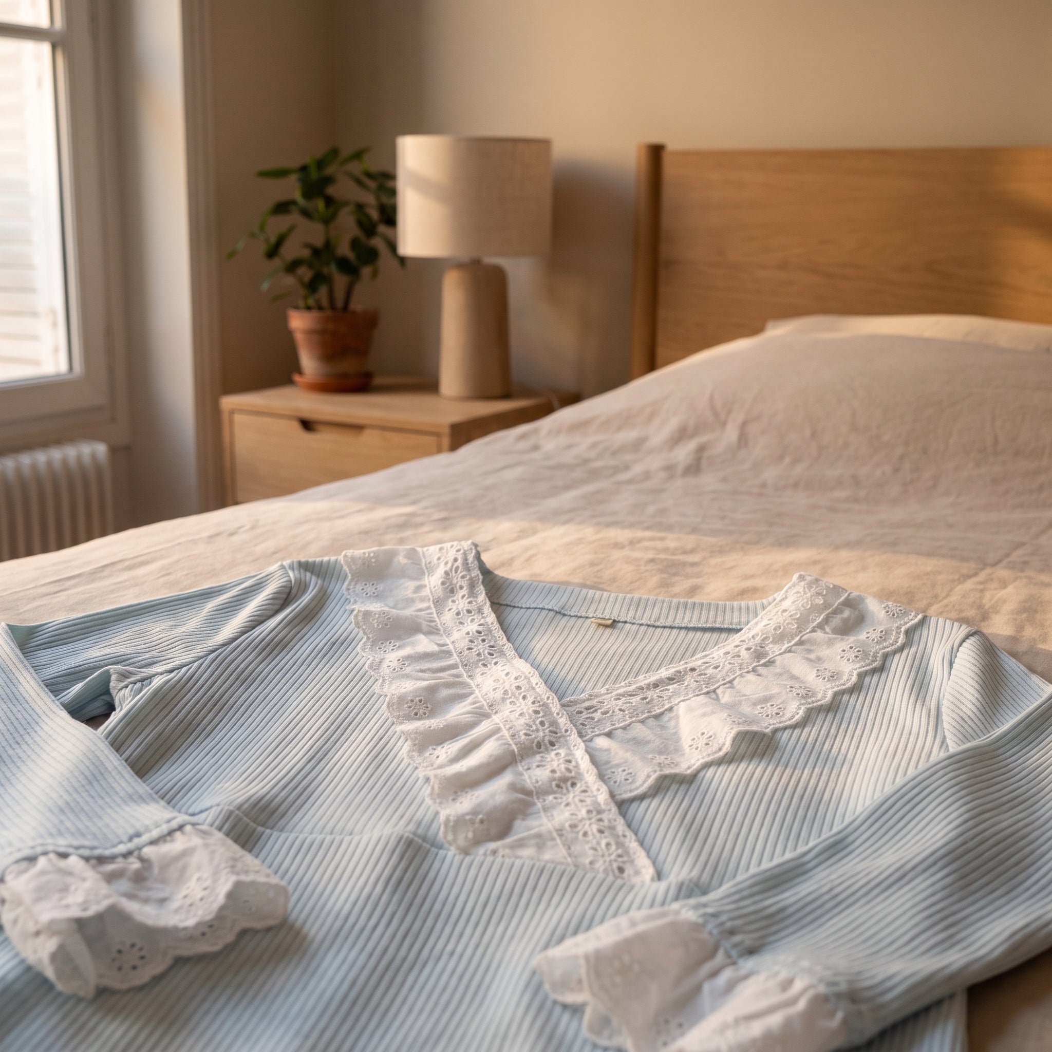 Gros plan sur l'encolure à volants brodés du pyjama bleu ciel Image
