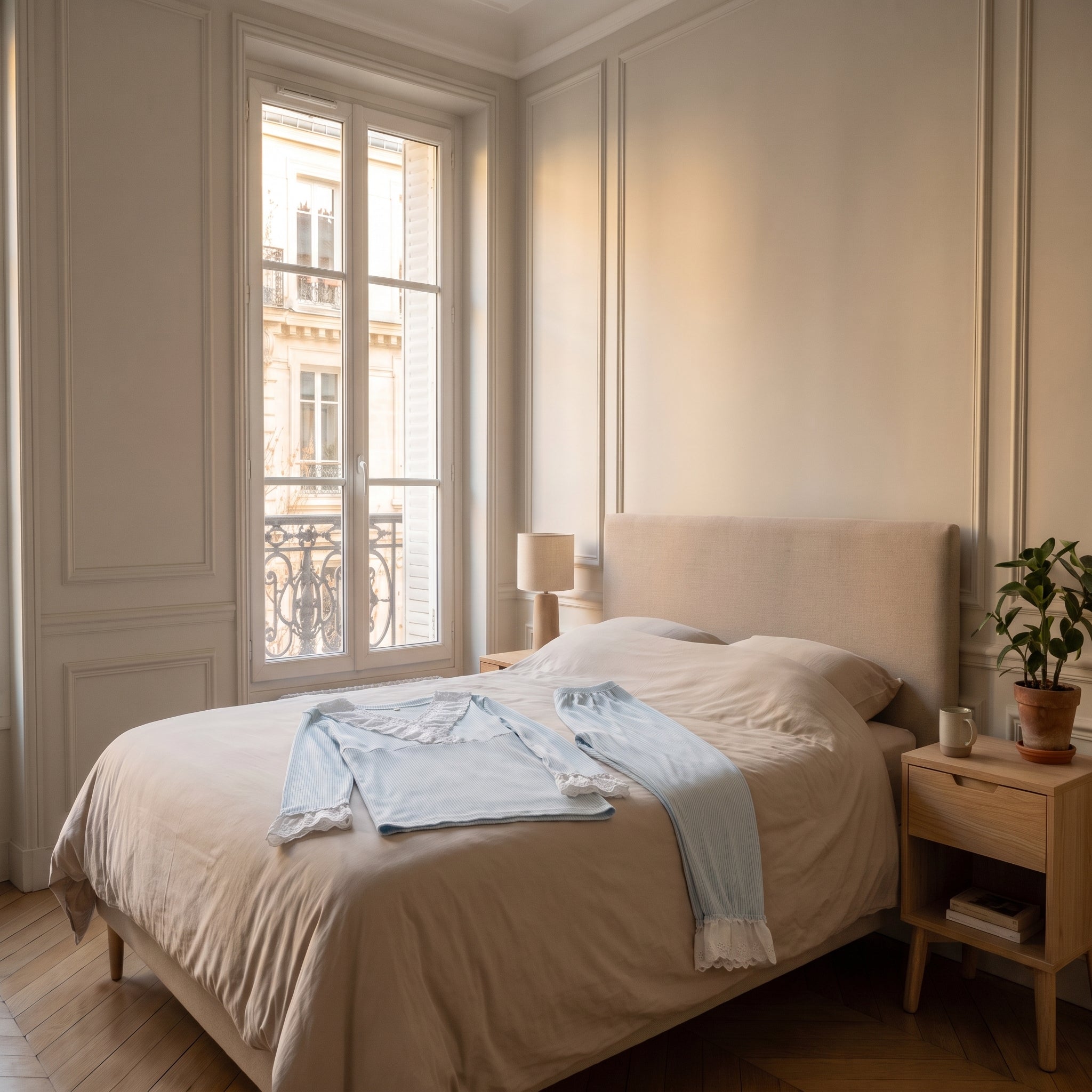 Ensemble deux pièces bleu ciel posé à plat sur un lit fait Image