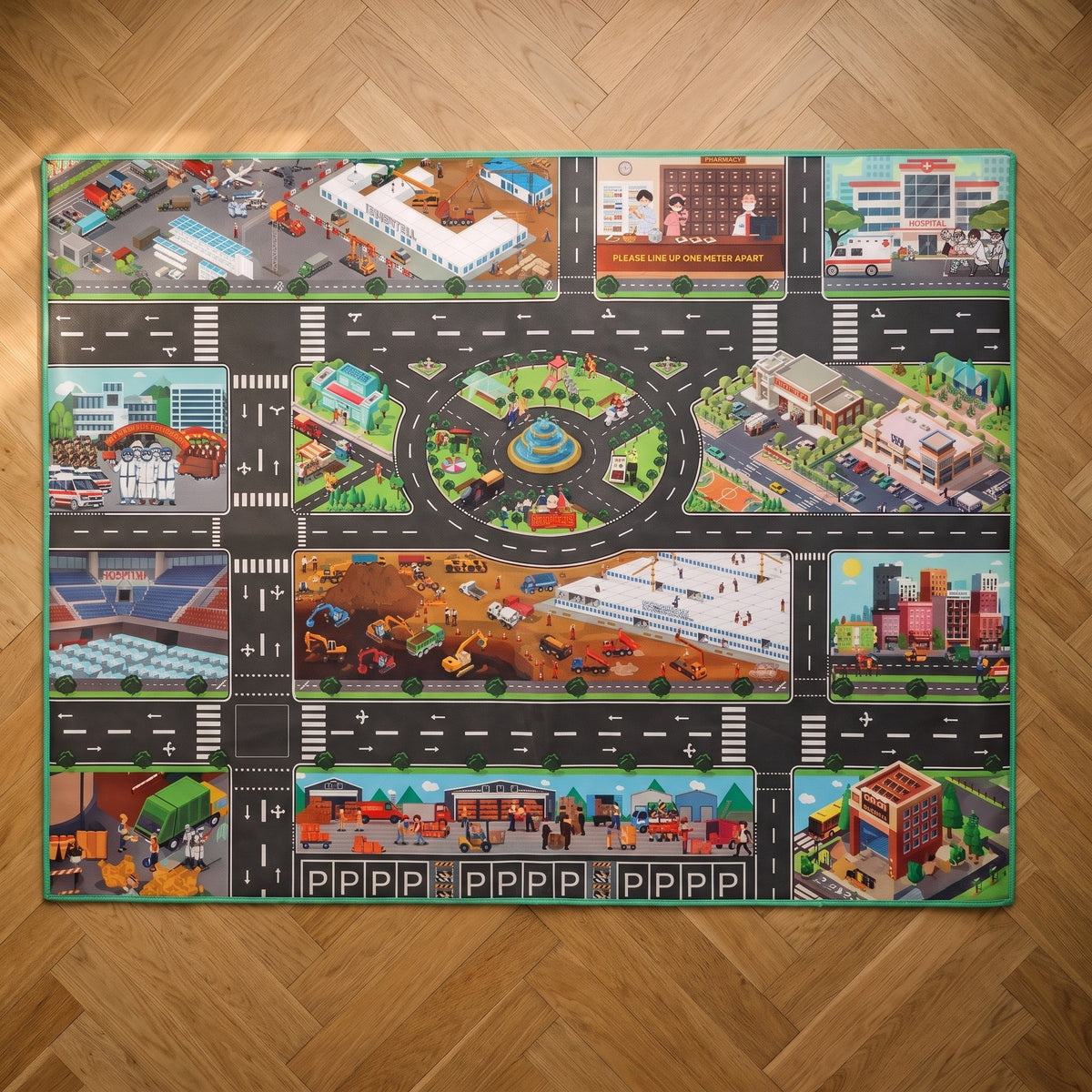 Tapis de jeu circuit voiture décor Ville et chantier vu du dessus
