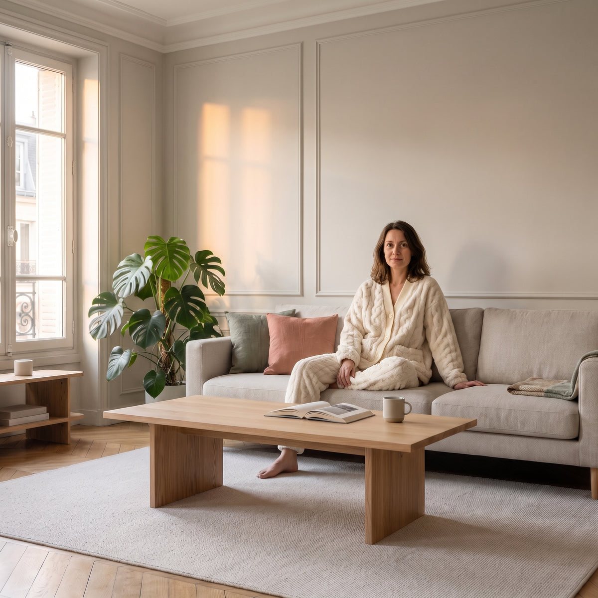 Femme assise sur un canapé avec l’ensemble cocooning beige