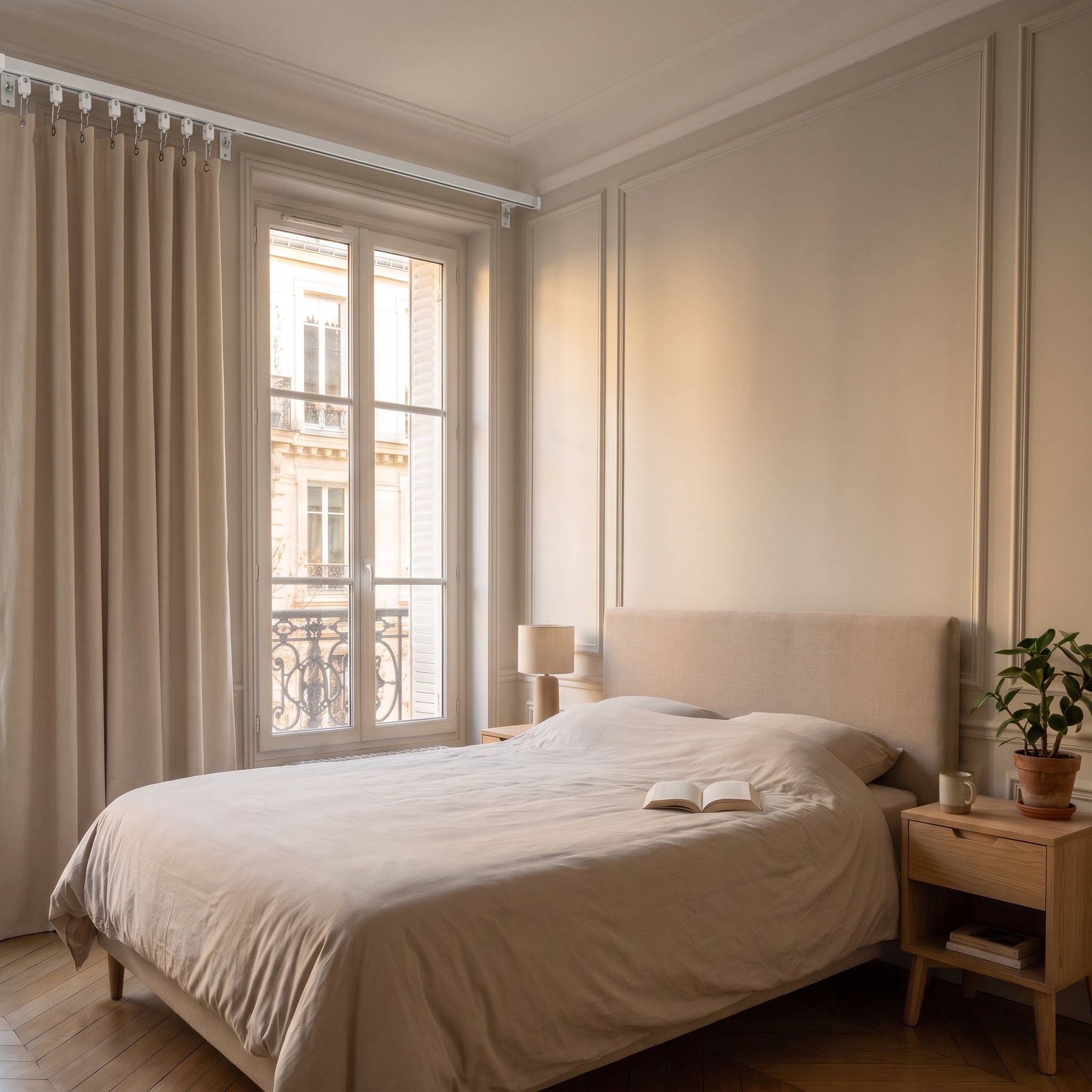 Rail à rideau posé tout en haut du mur d'une chambre, le rideau part du plafond et tombe jusqu'au parquet Image